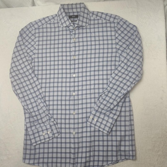 Hugo Boss Shirt Mens 15.5 Blue Check Slim Spread Collar Dress Long Sleeve Work - Picture 2 of 13